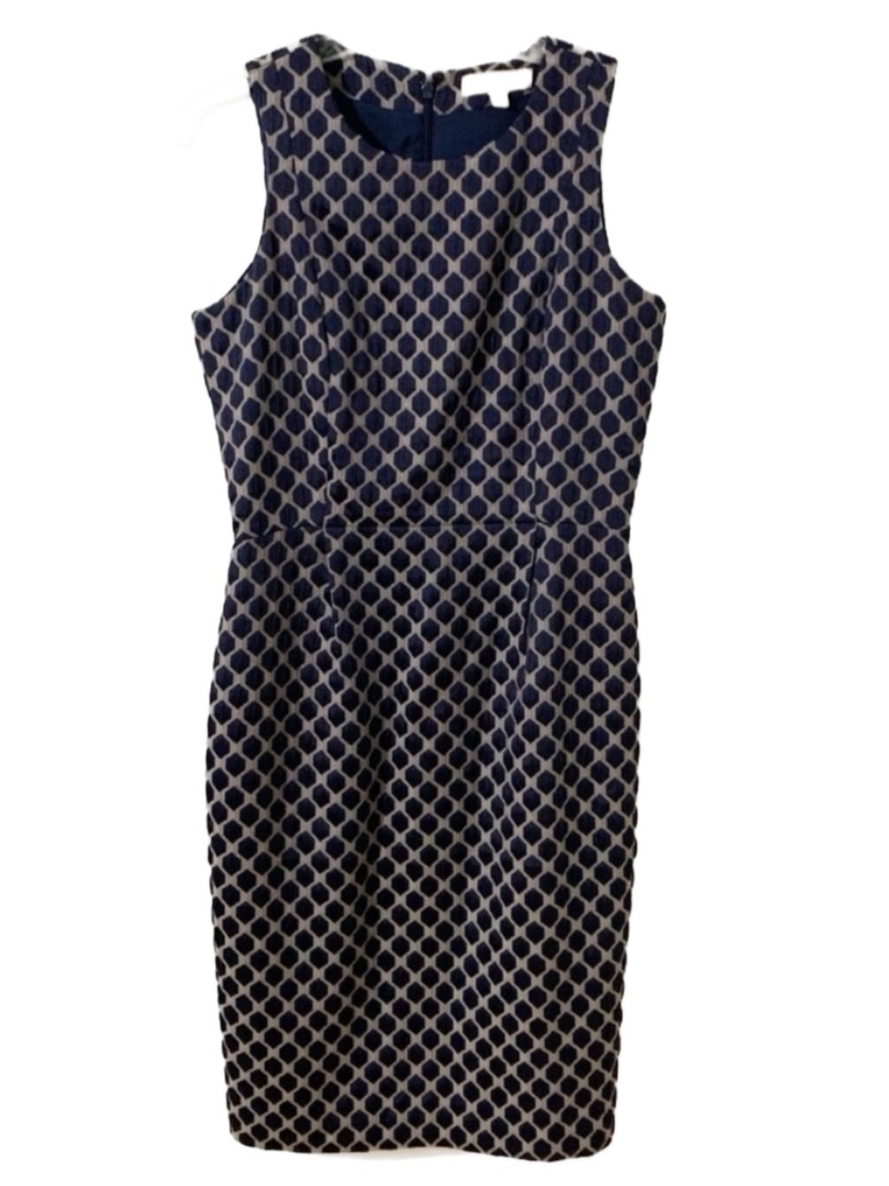 Banana Republic Midi Fitted Sleeveless Sheath Dress Honeycomb Design Navy Taupe